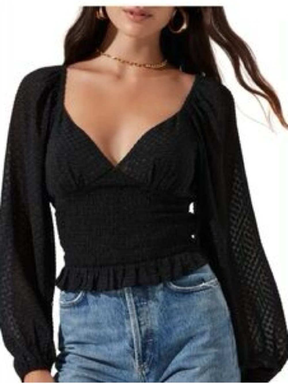 Astr “Jayla” Black Sheer Balloon Sleeve Ruffle Cropped Top Peasant Blouse Boho L